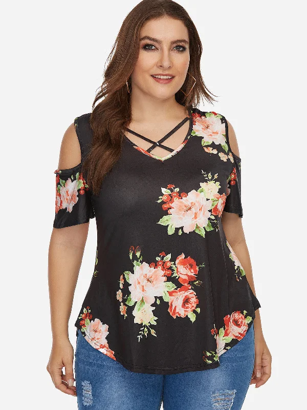 OEM ODM V-Neck Cold Shoulder Floral Print Cut Out Short Sleeve Curved Hem Black Plus Size Tops