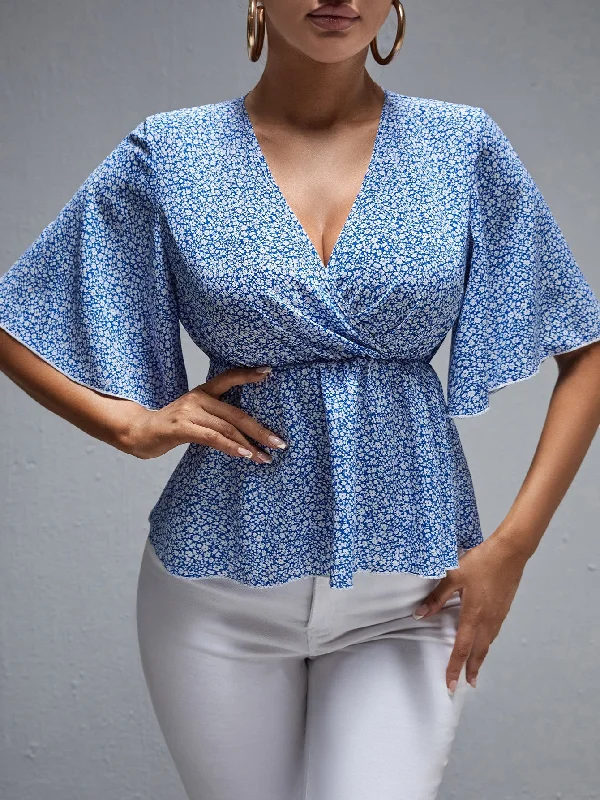 Boho Ditsy Floral Wrap Half Sleeve Deep V Neck Regular Blouse