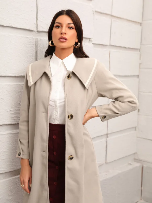 Elegant Contrast Binding Long Sleeve Collar Short Women Overcoat