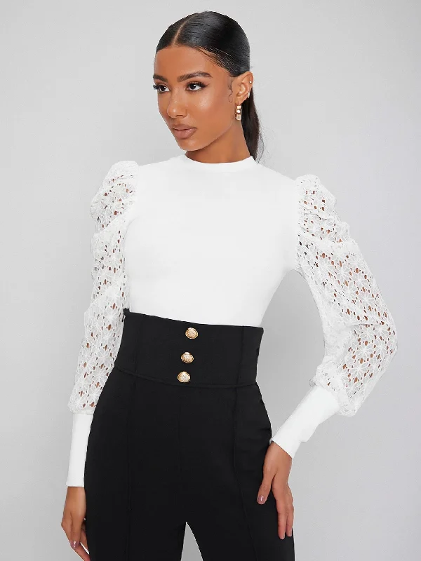 Elegant Plain Contrast Lace Long Sleeve Stand Collar Regular Women Top