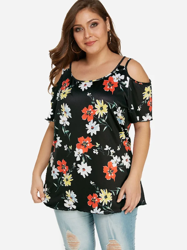 OEM ODM Cold Shoulder Floral Print Backless Short Sleeve Plus Size Tops