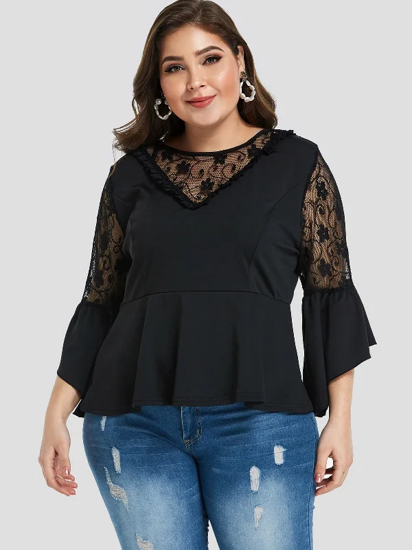 OEM ODM Lace 3/4 Sleeve Black Plus Size Tops