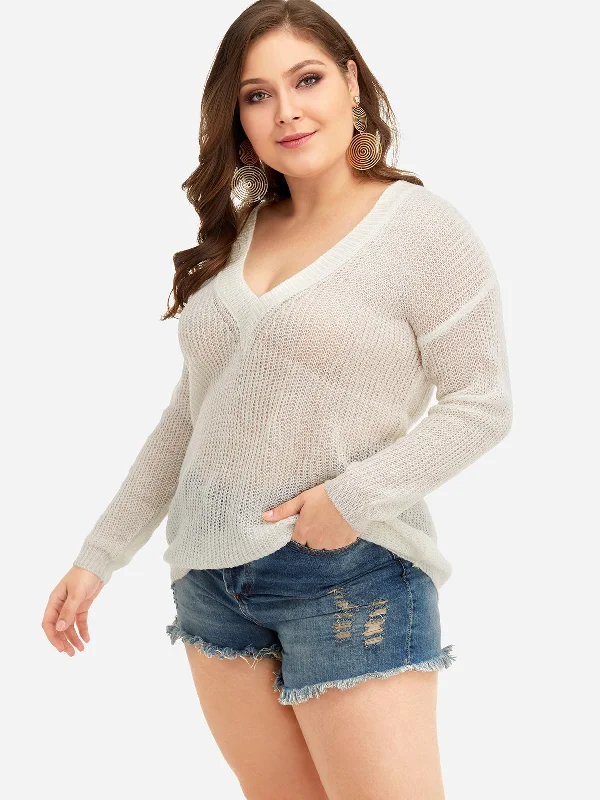 OEM ODM V-Neck Plain Long Sleeve White Plus Size Tops