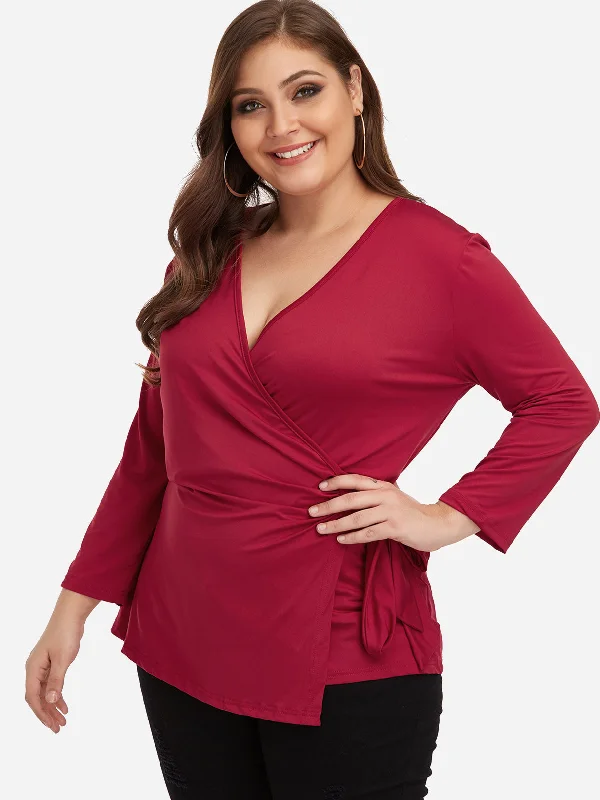 OEM ODM V-Neck Plain Self-Tie Wrap Long Sleeve Red Plus Size Tops