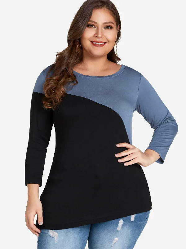 OEM ODM Round Neck Plain Long Sleeve Curved Hem Plus Size Tops