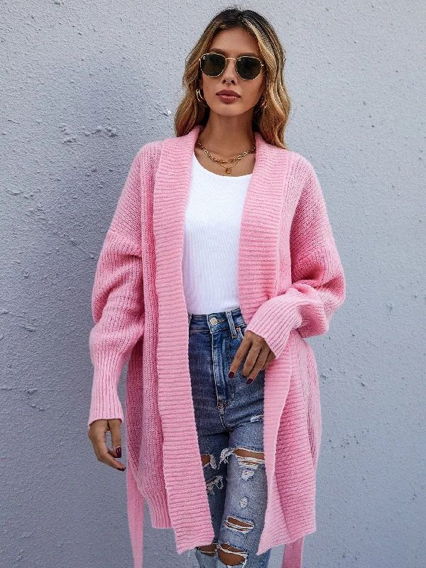 Casual Plain Rib-Knit Long Sleeve Short Women Cardigan