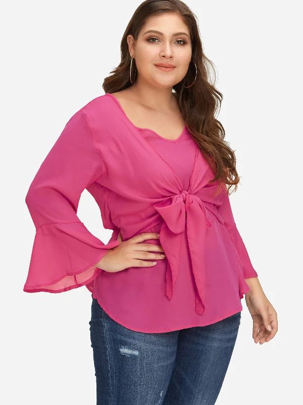 OEM ODM V-Neck Plain Tie-Up Long Sleeve Plus Size Tops