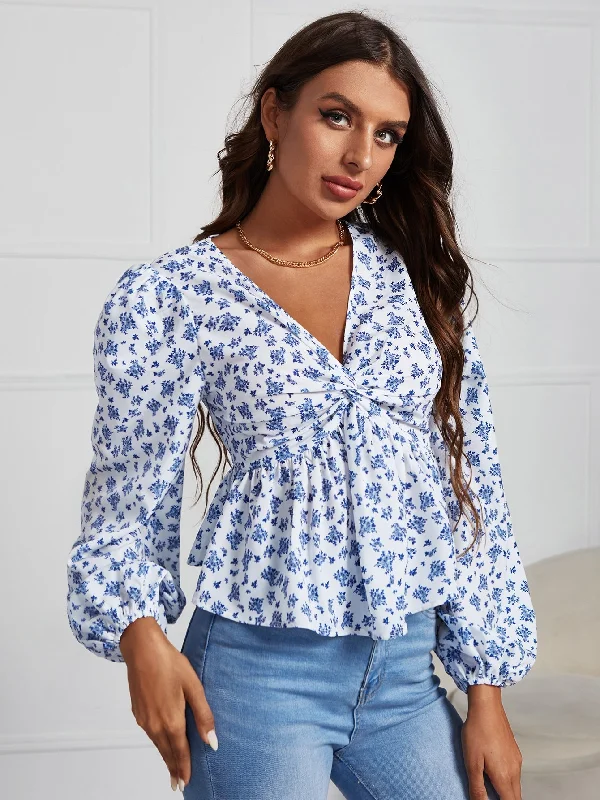 Boho All Over Print Twist Long Sleeve V Neck Flared Regular Blouse