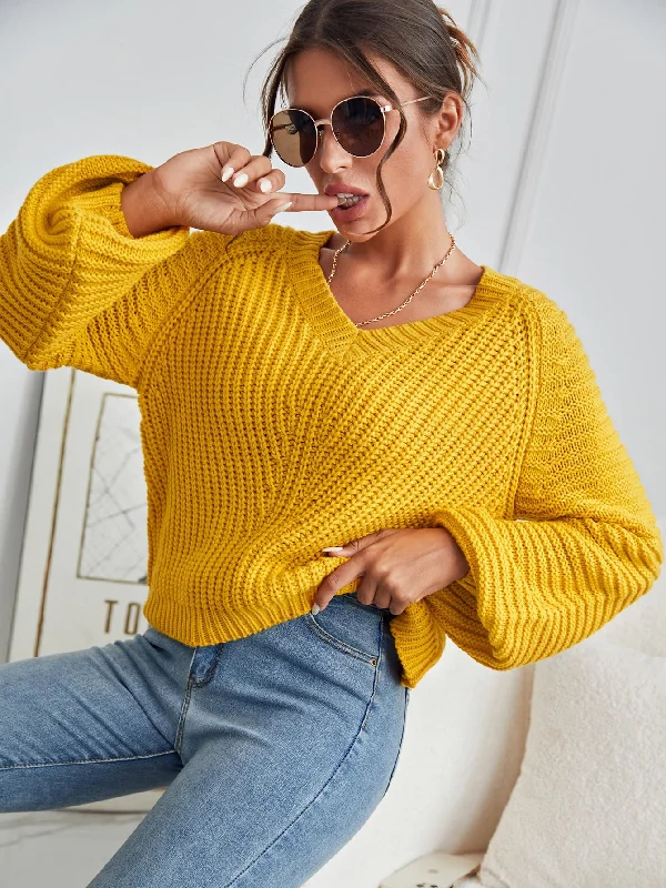 Fashionable Plain Long Sleeve V Neck Regular Women Sweater