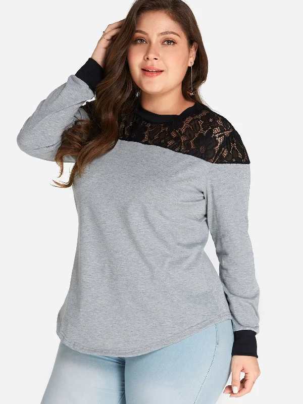 OEM ODM Round Neck Plain Lace Insert Long Sleeve Curved Hem Grey Plus Size Tops