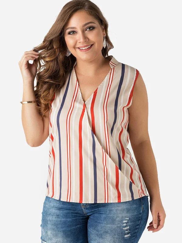 OEM ODM V-Neck Stripe Sleeveless Plus Size Tops