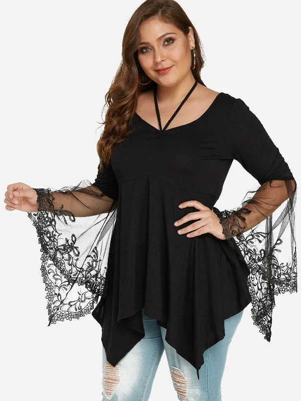 OEM ODM Scoop Neck Plain Lace Lace-Up Long Sleeve Irregular Hem Black Plus Size Tops