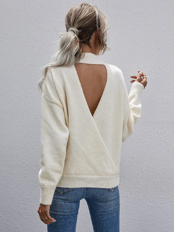 Sexy Plain Backless Long Sleeve Stand Collar Regular Women Sweater