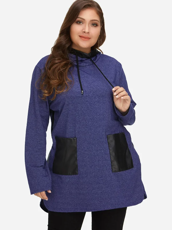 OEM ODM Two Large Pockets Hooded Long Sleeve Blue Plus Size Tops