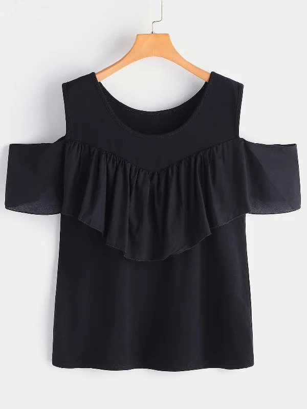 OEM ODM Round Neck Cold Shoulder Plain Tiered Ruffle Trim Short Sleeve Black Plus Size Tops