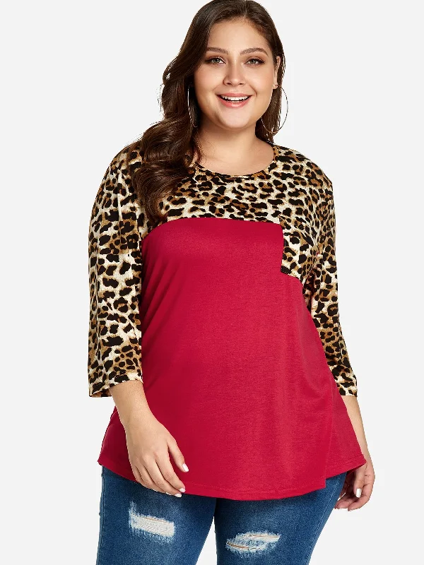 OEM ODM Round Neck Leopard 3/4 Sleeve Red Plus Size Tops