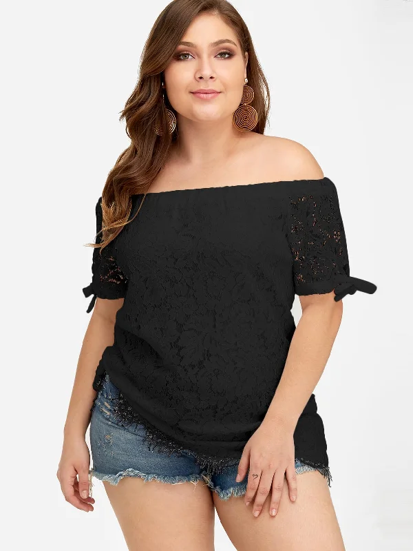 OEM ODM Off The Shoulder Plain Lace Short Sleeve Irregular Hem Black Plus Size Tops