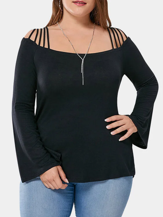 OEM ODM Off The Shoulder Plain Lace-Up Long Sleeve Flounced Hem Black Plus Size Tops