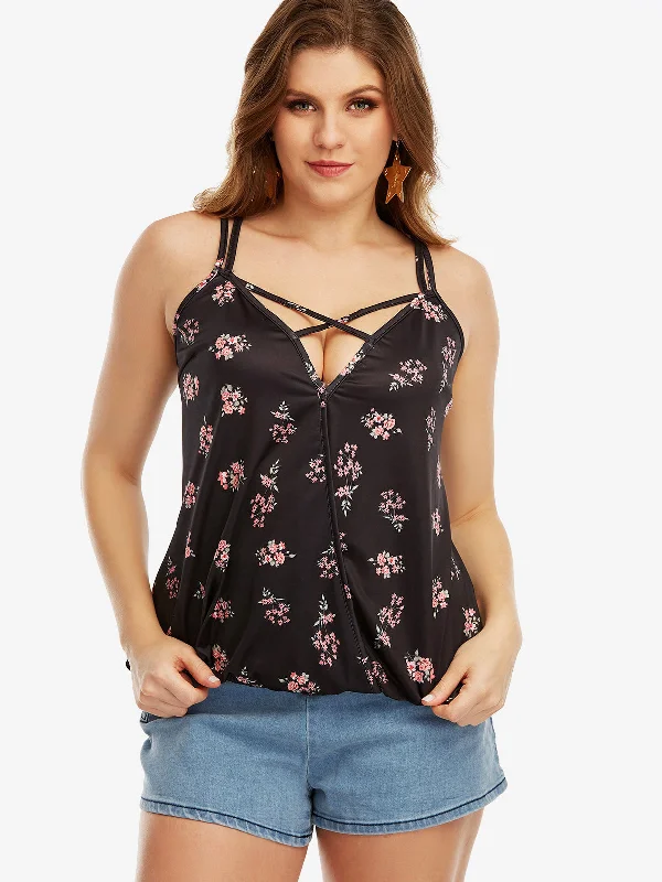 OEM ODM V-Neck Floral Print Calico Criss-Cross Sleeveless Black Plus Size Tops