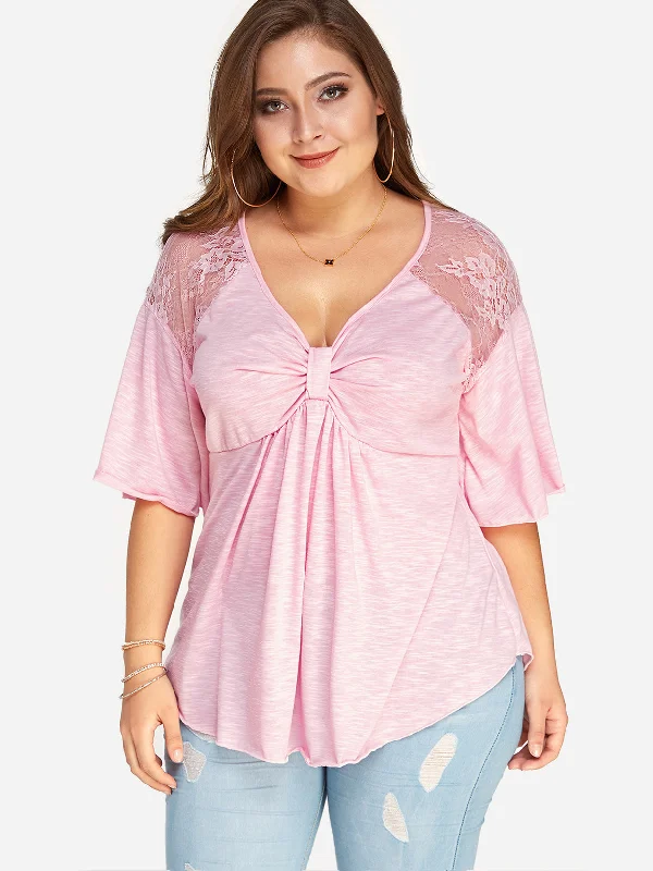 OEM ODM V-Neck Plain Lace Pleated Half Sleeve Pink Plus Size Tops