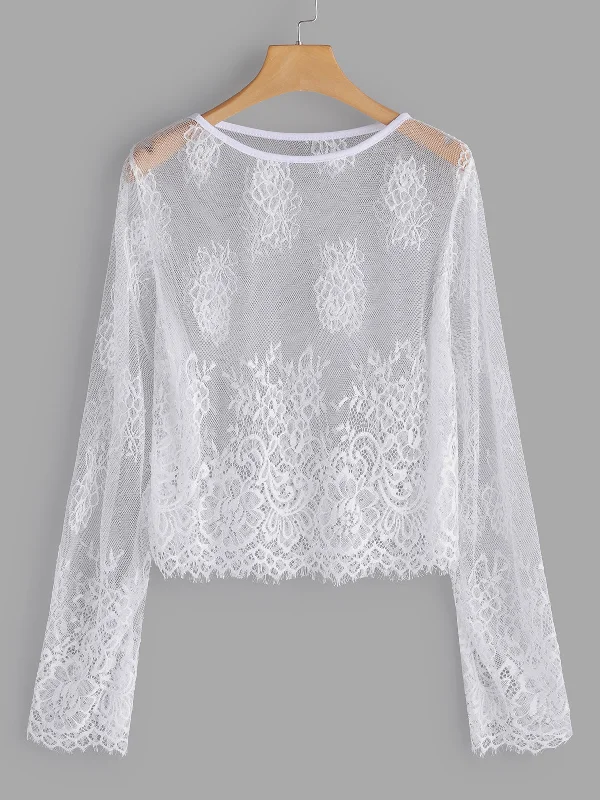 OEM ODM Scoop Neck Plain Lace Long Sleeve Flounced Hem White Plus Size Tops