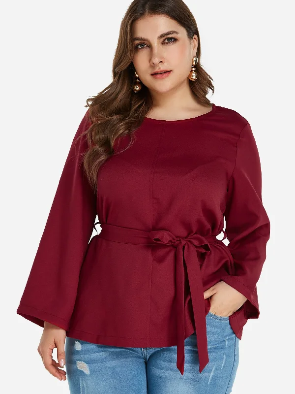 OEM ODM Round Neck Plain Self-Tie Long Sleeve Oversized Tops