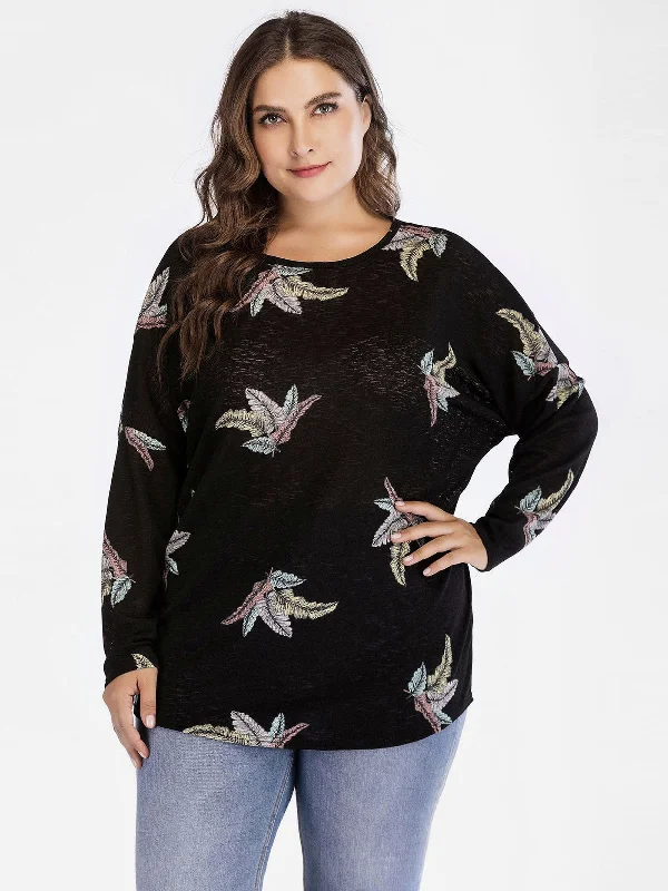 OEM ODM Round Neck Floral Print Calico Long Sleeve Black Plus Size Tops