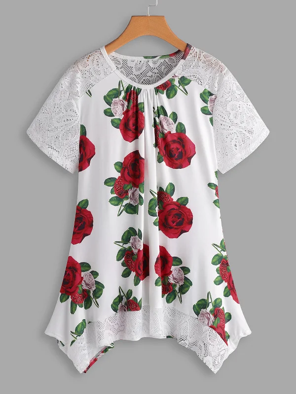 OEM ODM Round Neck Floral Print Lace Short Sleeve Handkerchief Hem White Plus Size Tops