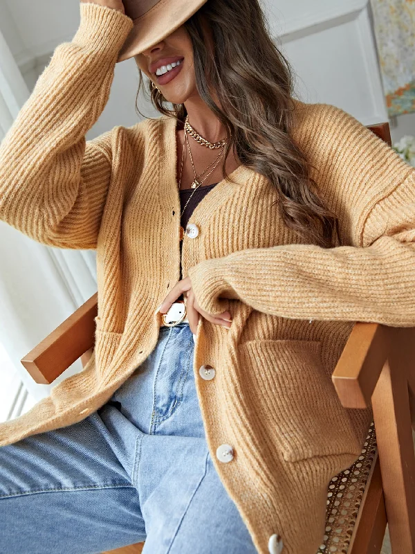 Casual Plain Button Front Long Sleeve V Neck Short Women Cardigan