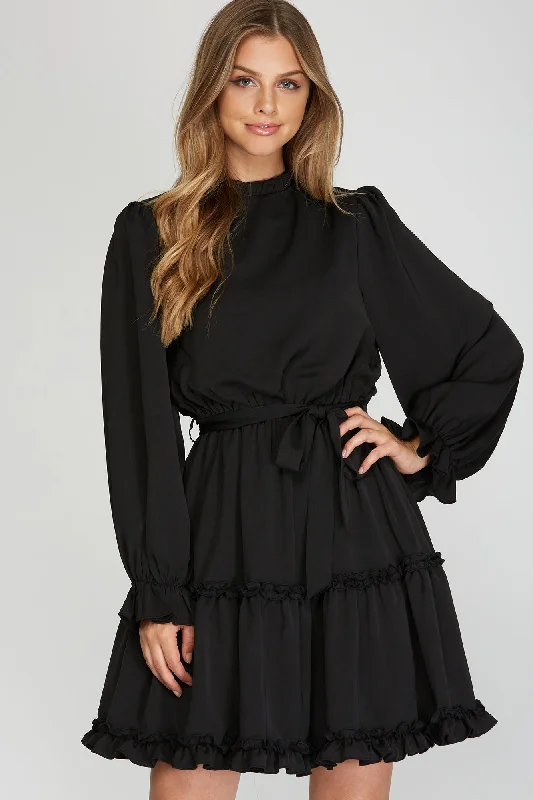 Ruffled Satin Dress W/ Belt