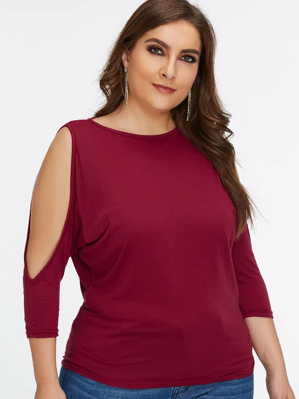 OEM ODM Round Neck Plain Cut Out 3/4 Sleeve Burgundy Plus Size Tops