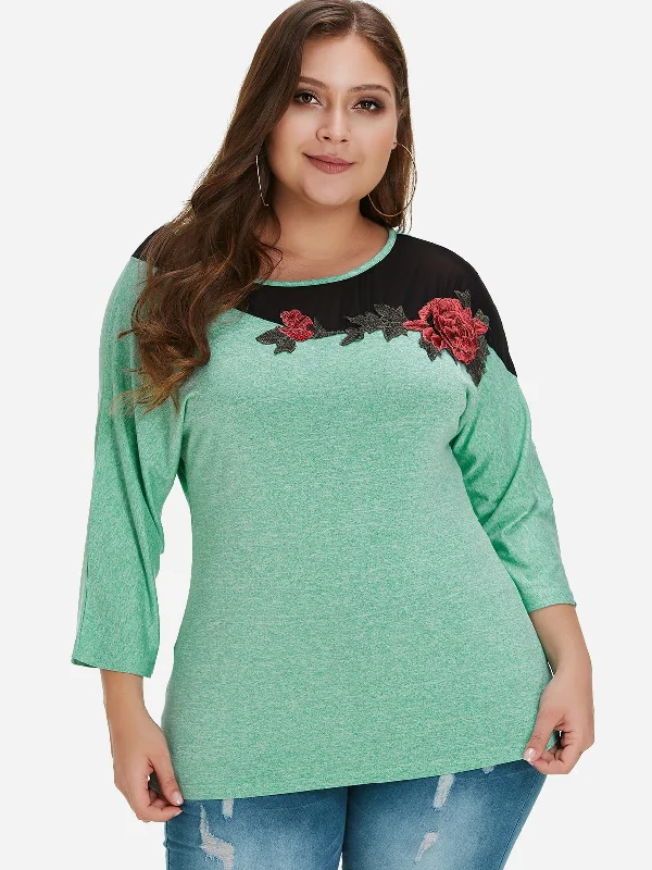 OEM ODM Round Neck Embroidered 3/4 Sleeve Green Plus Size Tops