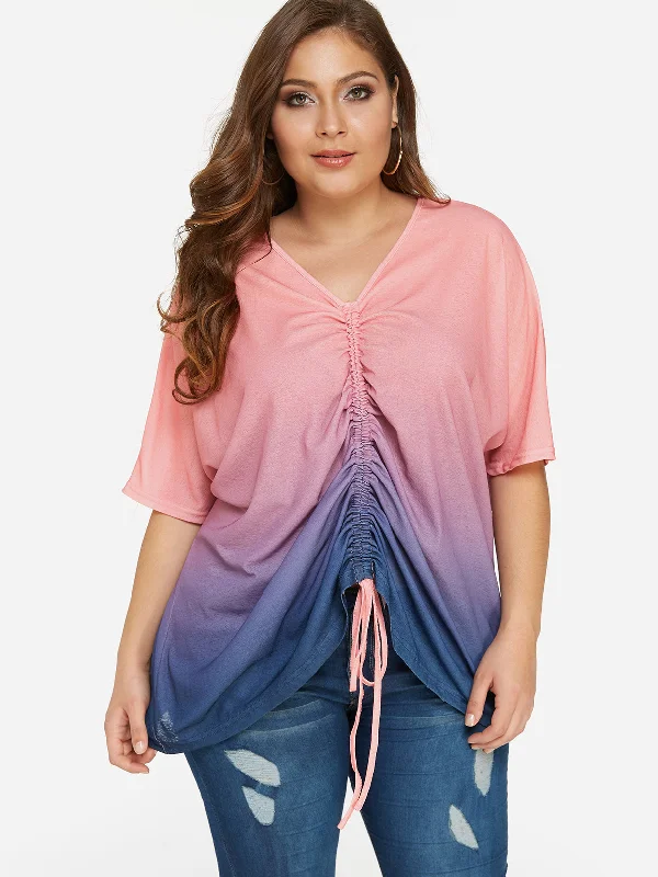 OEM ODM V-Neck Fantasy Colour Pleated Half Sleeve Plus Size Tops