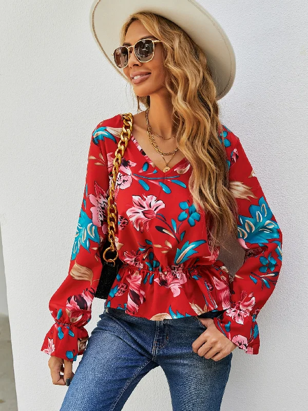 Boho Floral Ruffle Hem Long Sleeve V Neck Flared Regular Blouse