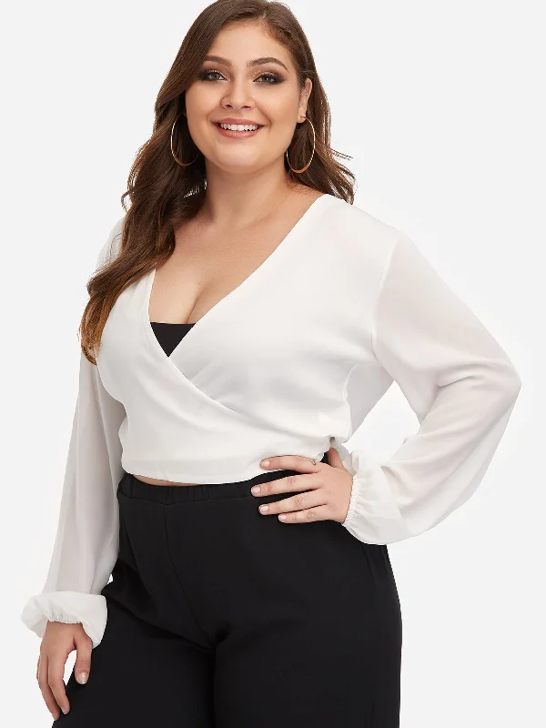 OEM ODM V-Neck Plain Self-Tie Wrap Long Sleeve White Plus Size Tops