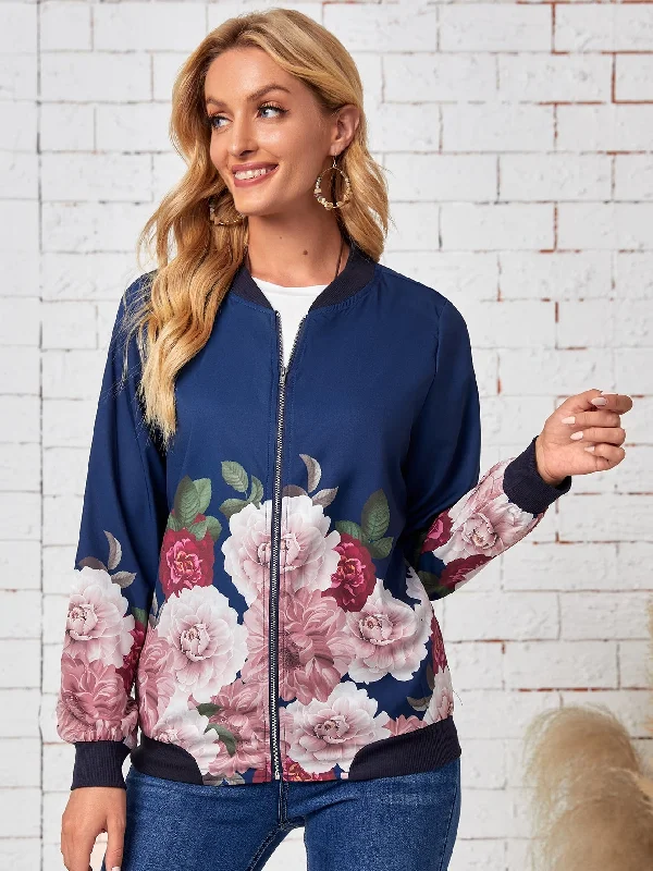 Casual Floral Zipper Long Sleeve Baseball Collar Regular Women Jacket