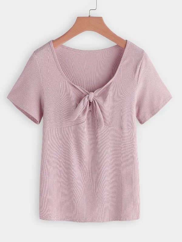 OEM ODM V-Neck Plain Self-Tie Short Sleeve Pink Plus Size Tops