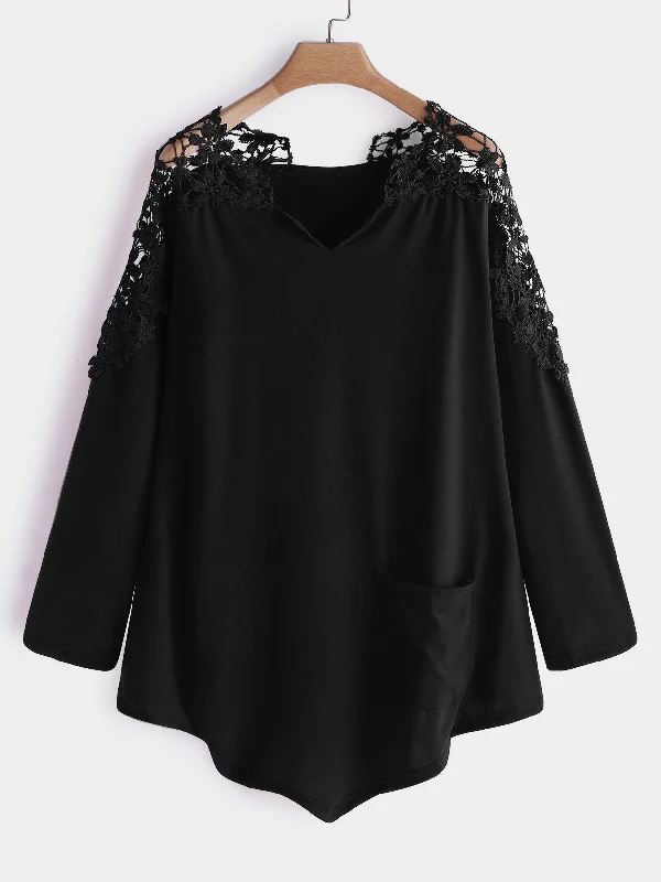 OEM ODM V-Neck Plain Lace Hollow Long Sleeve Plus Size Tops