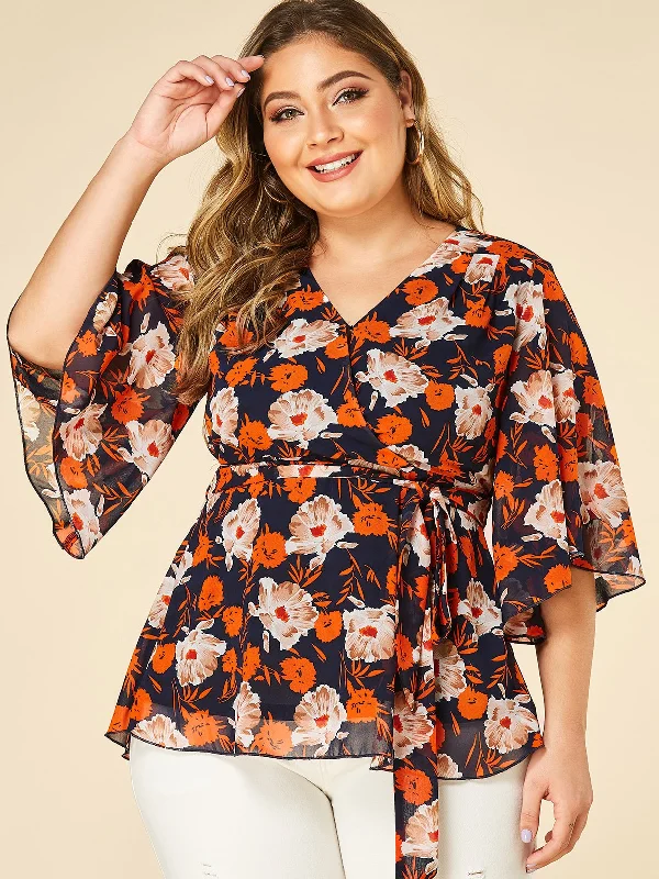 OEM ODM V-Neck Floral Print Crossed Front Wrap Half Sleeve Plus Size Tops