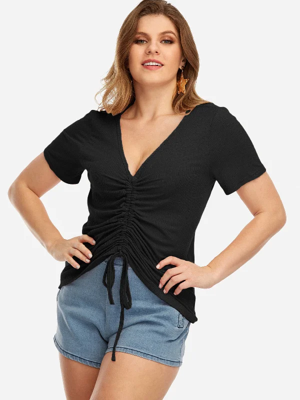 OEM ODM V-Neck Plain Pleated Short Sleeve Curved Hem Black Plus Size Tops