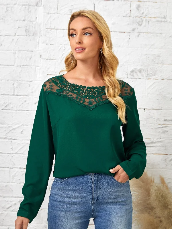 Elegant Plain Contrast Lace Long Sleeve Scoop Neck Regular Blouse