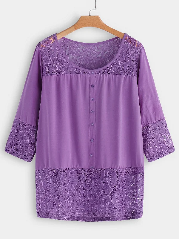 OEM ODM Round Neck Lace 3/4 Sleeve Plus Size Tops