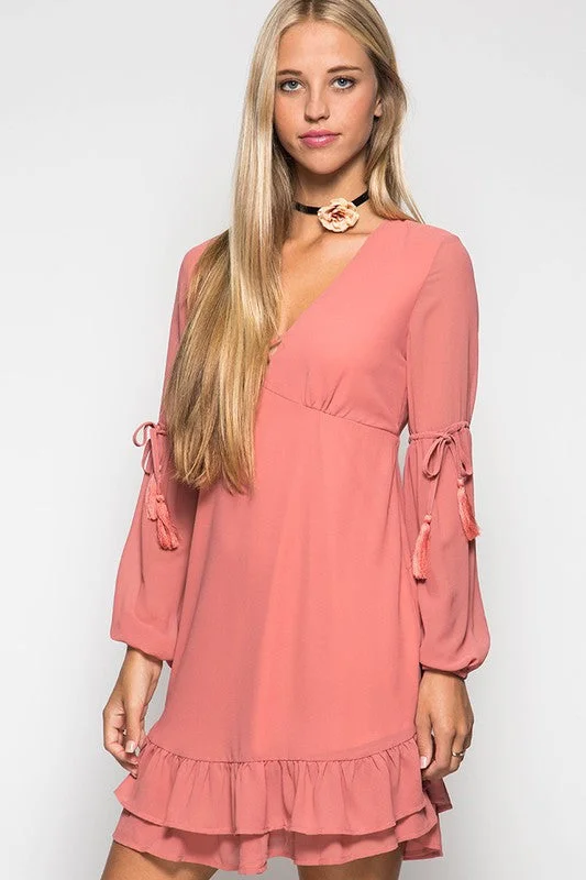 Ruffled Hem Dress W/ Tassel Ties