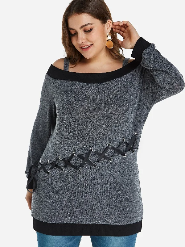 OEM ODM Cold Shoulder Plain Lace-Up Long Sleeve Grey Plus Size Tops