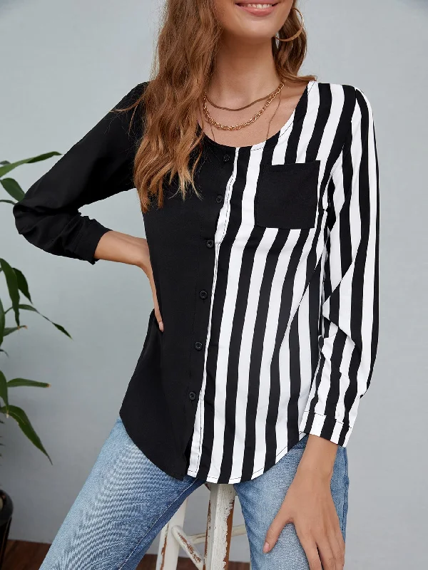 Casual Striped Button Front Long Sleeve Round Neck Regular Blouse