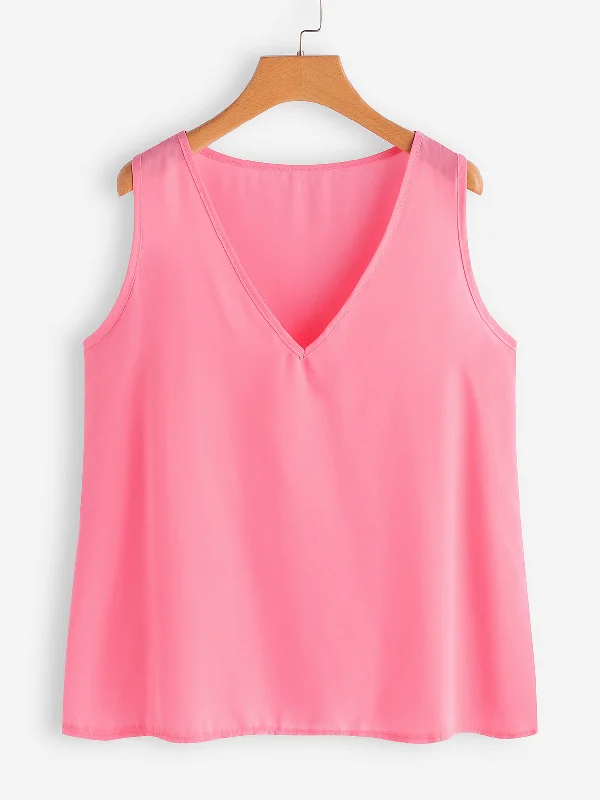 OEM ODM V-Neck Plain Sleeveless Pink Plus Size Tops