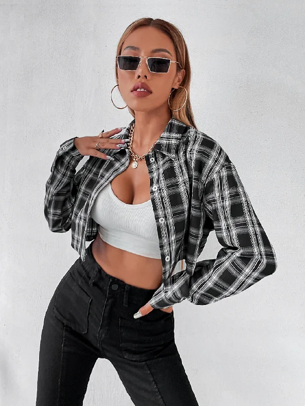 Preppy Tartan Button Front Long Sleeve Collar Crop Blouse