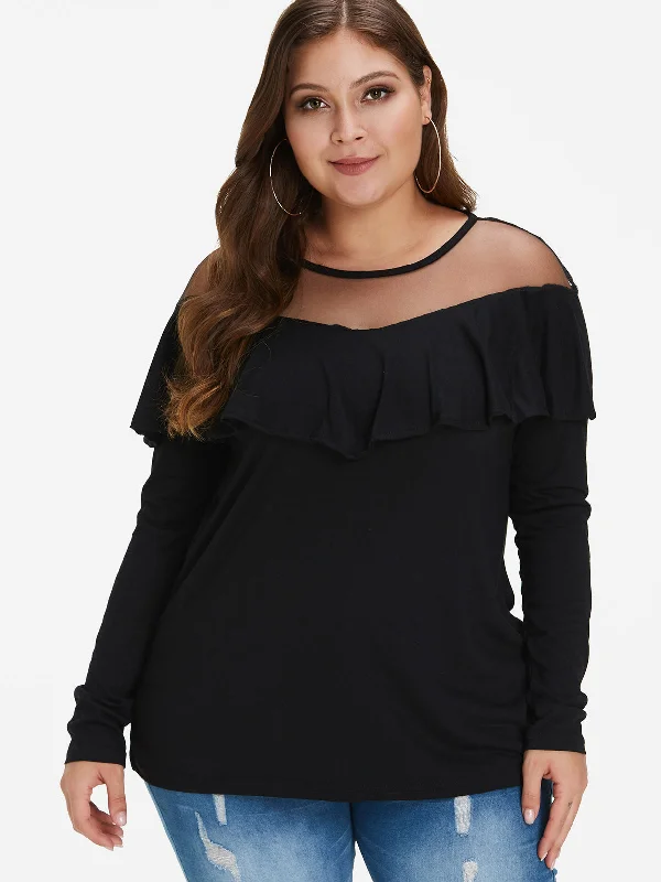 OEM ODM Round Neck Plain See Through Ruffle Trim Long Sleeve Black Plus Size Tops