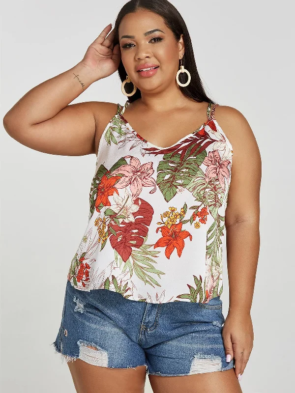 OEM ODM V-Neck Floral Print Spaghetti Strap Criss-Cross Sleeveless White Plus Size Tops