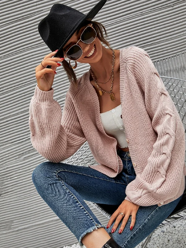 Casual Plain Button Front Long Sleeve V Neck Regular Women Cardigan